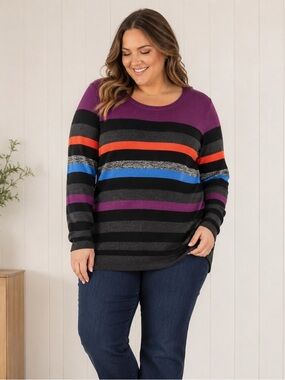 Penningtons Purple Striped Long Sleeve Tunic Sweater Pullover Crew Size X 0X